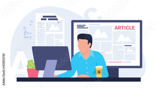 Vector illustration of article. Cartoon scene with a guy who writes articles for newspapers or websites on white background.