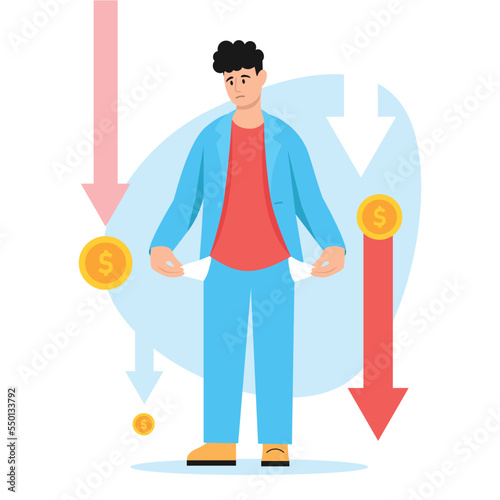 Vector illustration of bankruptcy. Cartoon scene with a guy with no money in his pocket and his finances falling to the bottom on white background.