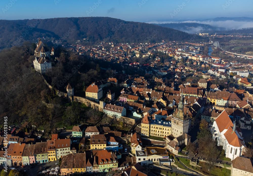 The medieval fortress of Sighisoara - Romania seen from above