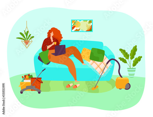 Woman character sitting sofa surfing internet laptop, procrastination time domestic work flat vector illustration, isolated on white.