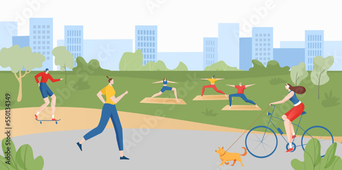 Fototapeta Naklejka Na Ścianę i Meble -  Outdoor urban green national park physical exercise, people together fitness training city garden, healthy lifestyle flat vector illustration.