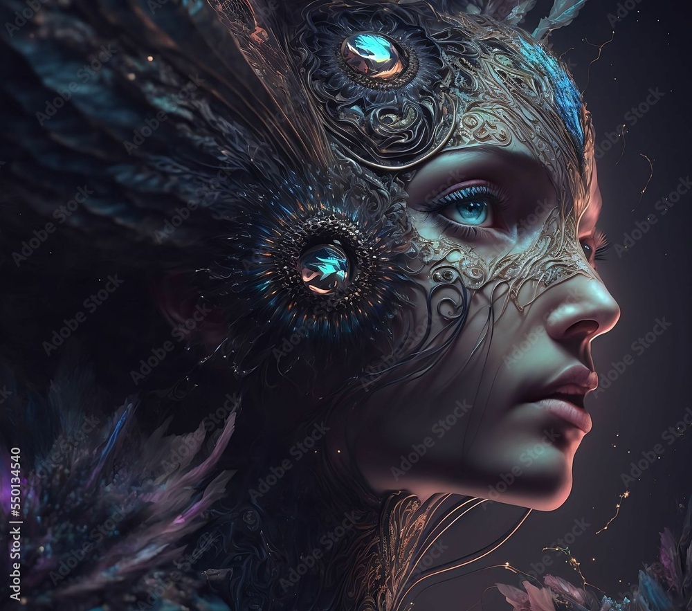 Spiritual abstract portrait drawing of ethereal woman wearing a mask with ornate energy, Generative AI