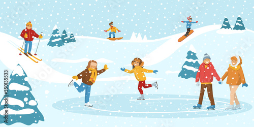 Winter sport ice skating, people together spend time physical activity, frozen pond and snow skiing hill flat vector illustration.