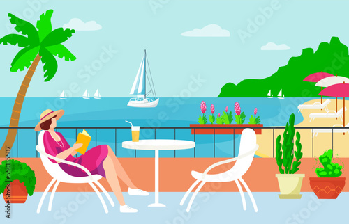 Woman character sitting hotel terrace tropical country, beachside relaxing place, female read book and drink smoothies flat vector illustration.
