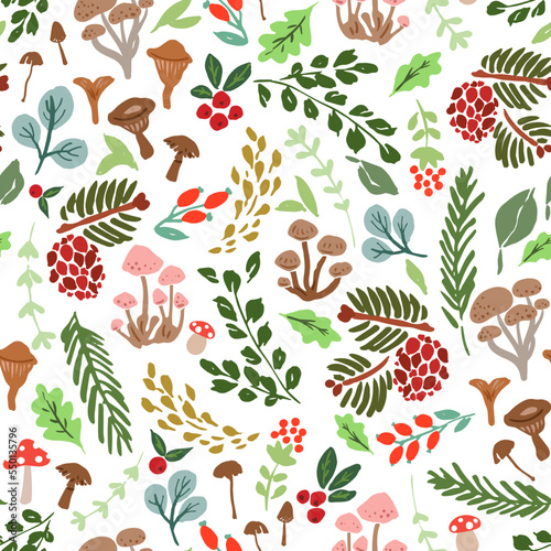 Trendy Christmas botanical pattern with mushrooms, branches, pinecones, berries, greenery. Modern holiday repeat pattern tile.