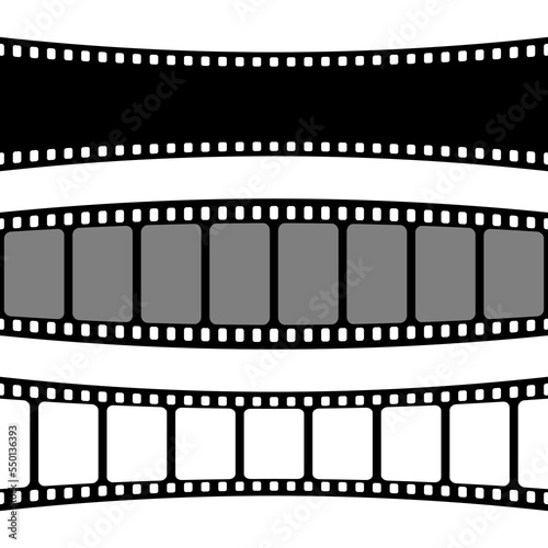 Curved film strips collection. Old retro cinema movie strip. Analog video recording equipment. Vector illustration