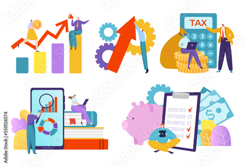 Group of business finance teamwork, concept investing accounting tax industry, tiny character flat vector illustration, isolated on white.