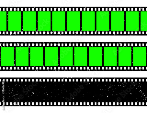 Realistic grunge film strip, camera roll. Old retro cinema movie strip with blank green chroma key background. Analog video recording and photography. Visual effects compositing. Vector illustration