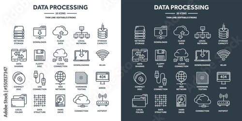 Cloud computing and internet technology, database remote access. Web hosting, online services data protection. Information security, data sharing and backup. Thin line icons set. Vector illustration