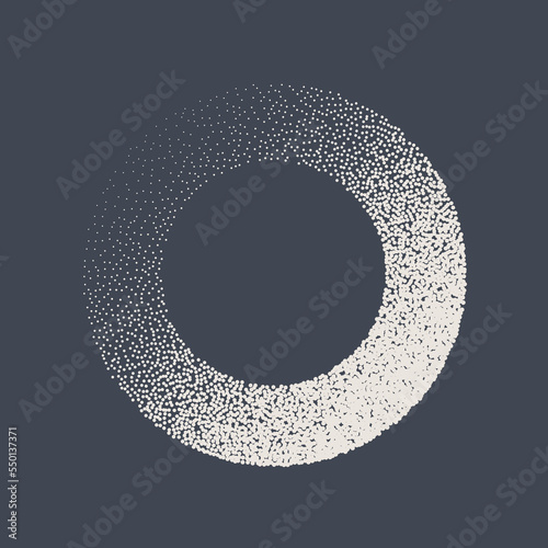 Round shaped dotted object, stipple elements. Fading gradient. Stippling, dotwork drawing, shading using dots. Pixel disintegration, halftone effect. White noise grainy texture. Vector illustration