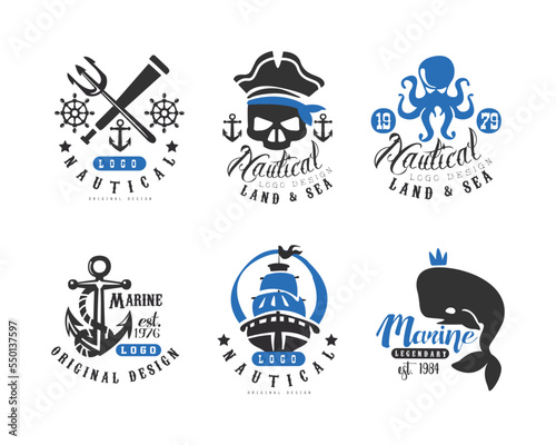 Vintage Nautical and Marine Labels, Signs or Logo Templates Vector Set