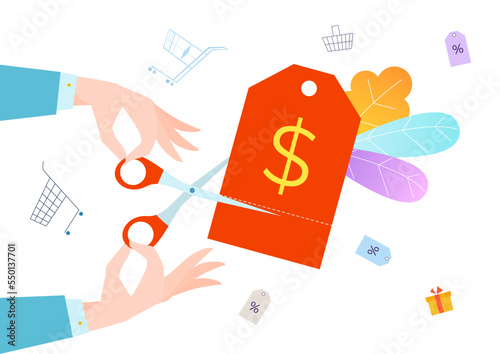 People hand hold scissors cut price ribbon tag, big discount cash sale clearance flat vector illustration, isolated on white.