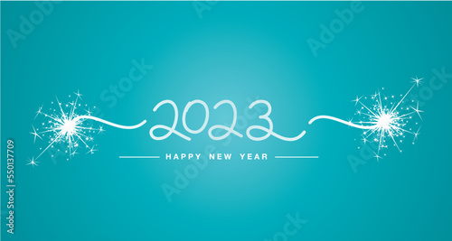 Happy New Year 2023 handwritten line design tipography numbers sparkle firework sea green aqua color background banner