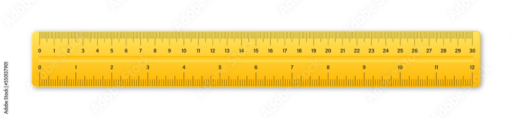Realistic plastic ruler with measurement scale and divisions, measure ...
