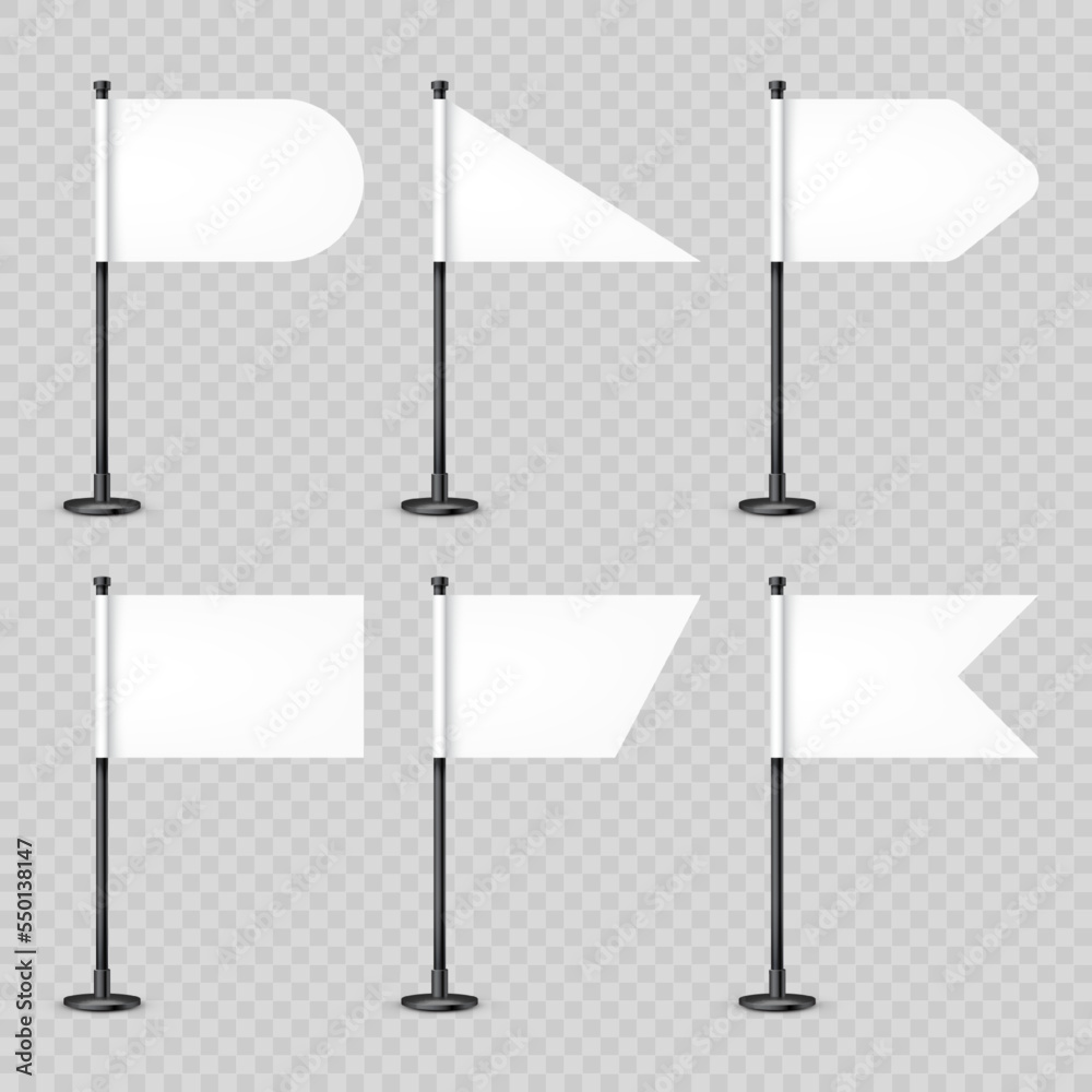 Obraz premium Realistic various table flags on a steel pole. Blank white desk flag made of paper or fabric. Black metal stand. Mockup for promotion and advertising. Vector illustration