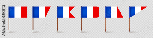 Realistic various French toothpick flags. Souvenir from France. Wooden toothpicks with paper flag. Location mark, map pointer. Blank mockup for advertising and promotions. Vector illustration
