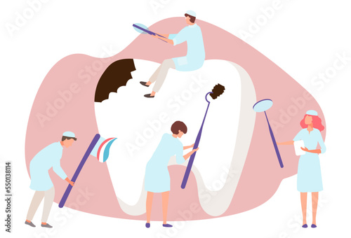 Medical dental care, tiny dentist character group therapeutic people together treatment tooth flat vector illustration, isolated on white.