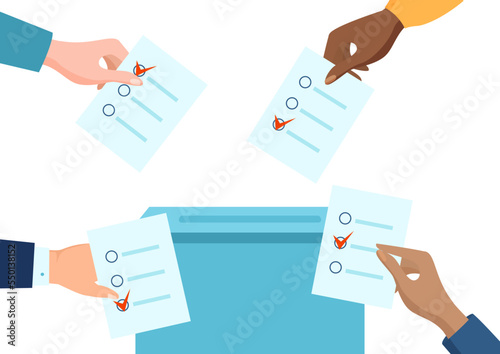 Different nation people character vote, people character hand together hold checklist flat vector illustration, isolated on white.