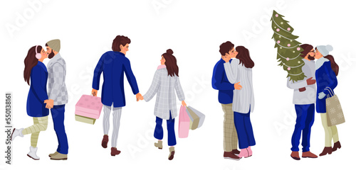 A set of romantic Xmas time couples isolated on white background. Men and women hugging and kissing, walking together holding hands. 