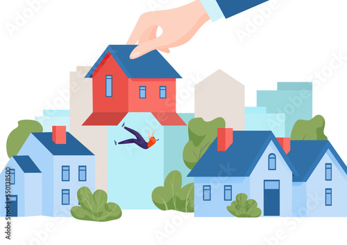 Concept eviction bank mortgage loan, tiny character male lose personal household flat vector illustration, isolated on white. photo