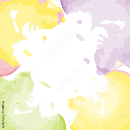 Abstract motley spots in trendy bright spring colors forming a square frame in watercolor manner.