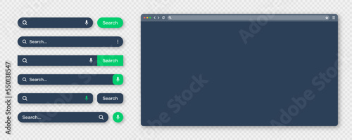 Blank internet browser window with various search bar templates, dark mode. Web site engine with search box, address bar and text field. UI design, website interface elements. Vector illustration