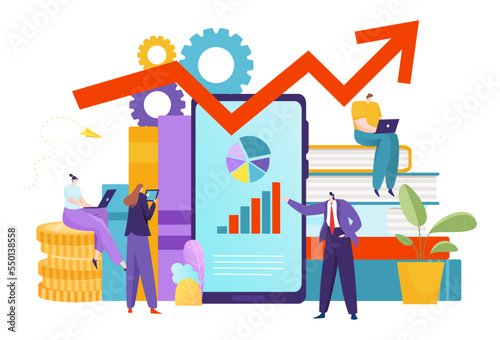 Business banking financial consulting system, tiny character entrepreneur monetary advisory flat vector illustration, isolated on white.
