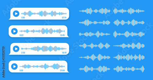 Voice, audio message, blue speech bubble. SMS text frame. Social media chat or messaging app conversation. Voice assistant, recorder. Sound wave pattern. Vector illustration