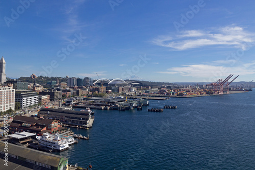 Panoramic view of the Port of Seattle from the interior of the Seattle Great wheel on Elliott Bay.