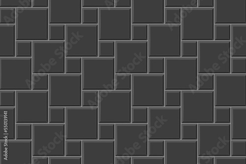 Black hopscotch tile seamless pattern. Stone or ceramic brick wall background. Kitchen backsplash mosaic texture. Bathroom, shower or toilet floor. Pavement texture. Vector flat illustration