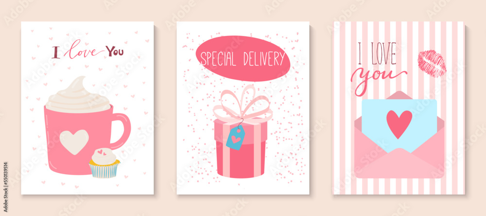 Set of love time card, greeting celebration romantic lovely postcard with text i love you, congratulate valentine day flat vector illustration. Set of love time card, greeting celebration romantic lovely postcard with text i love you, congratulate valentine day flat vector illustration.