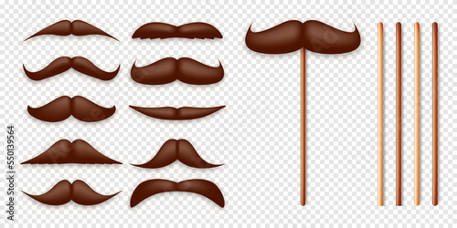Realistic fake mustache on a wooden stick. Vintage paper mustache for carnival or holiday. Various brown facial hair, fashionable hipster beard. Vector illustration