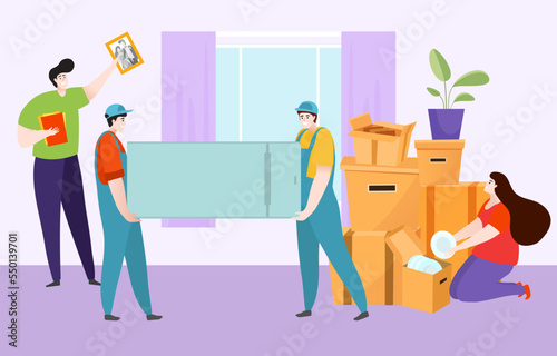 Express delivery moving new house, worker professional loader character hold refrigerator, woman package box flat vector illustration.