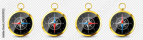 Realistic golden vintage compass with marine wind rose and cardinal directions of North, East, South, West. Shiny metal navigational compass. Cartography and navigation. Vector illustration