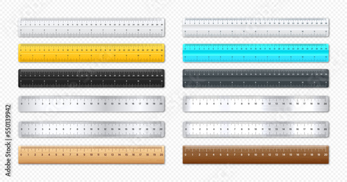 Realistic various metal and plastic rulers with measurement scale and divisions, measure marks. School ruler, centimeter and inch scale for length measuring. Office supplies. Vector illustration