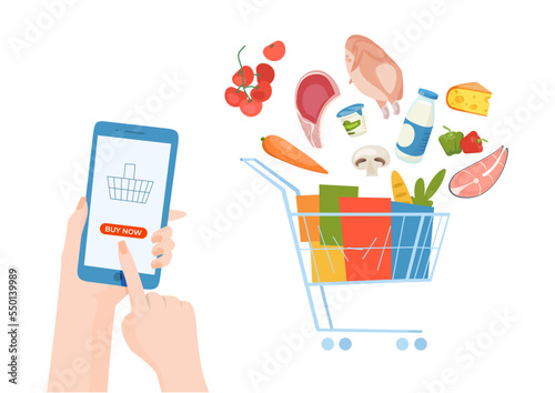 People hand hold mobile phone with shopping smartphone application, remote purchase edible food flat vector illustration, isolated on white.