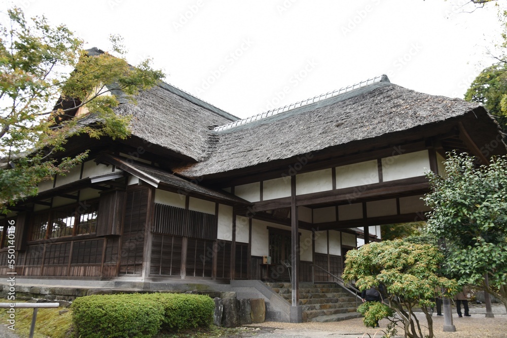 Japan travel tourist attraction 'Sankeien Garden'. Yokohama City, Kanagawa Prefecture, Japan. A Japanese style garden with historical buildings and seasonal flowers on a vast site.