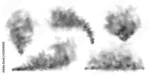 Black realistic smoke, dust clouds isolated on white background. Dirty polluted smog or fog. Air pollution, mist effect. Smoke from fire or explosion. Vector illustration