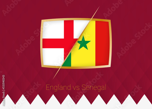 England vs Senegal, round of 16 icon of football competition on burgundy background.