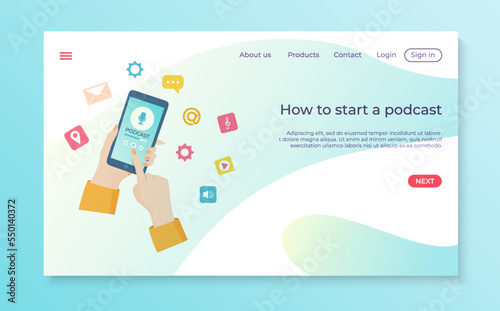 Mobile digital audio how to start podcast online website landing template banner, internet radio station flat vector illustration.