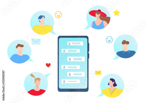 Modern technology mobile phone refer friend service, smartphone digital application flat vector illustration, isolated on white.