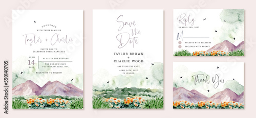 wedding invitation set with mountain and flower field watercolor landscape