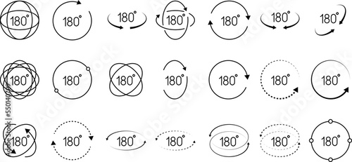 180 degrees vector icons set. Round signs with arrows rotation to 180 degrees. Rotate symbol isolated on transparent background. Vector illustration.