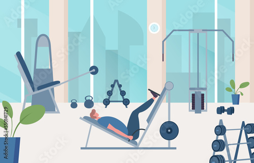 Amateur male character sportsman bodybuilder physical exercise, workout fitness athlete training gym flat vector illustration.