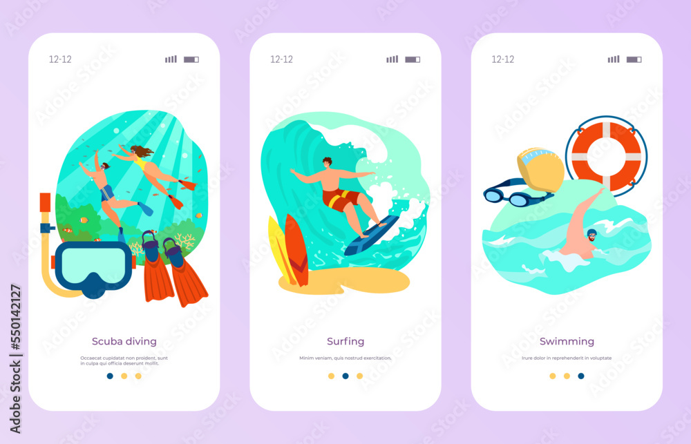 Summer holiday sport scuba diving, surfing and ocean swimming online website landing template flat vector illustration, remote mobile application. Summer holiday sport scuba diving, surfing and ocean swimming online website landing template flat vector illustration, remote mobile application.