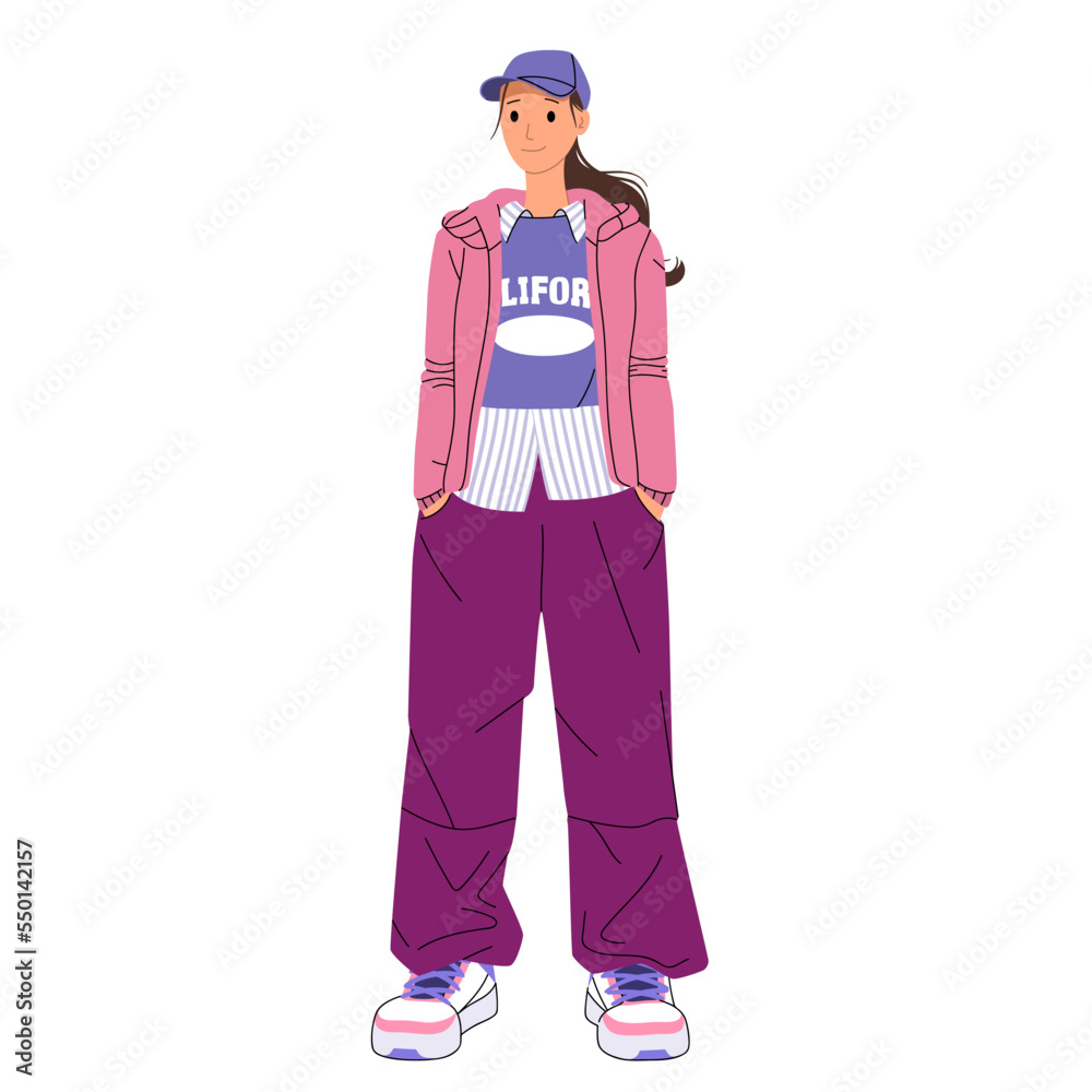 A young stylishly dressed girl stands in full growth with her hands in her pockets. Trendy flat vector cartoon illustration isolated on white background.