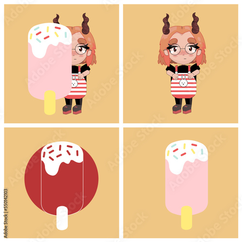 Conjunto de ilustraciones dibujadas a mano de personaje y helado.