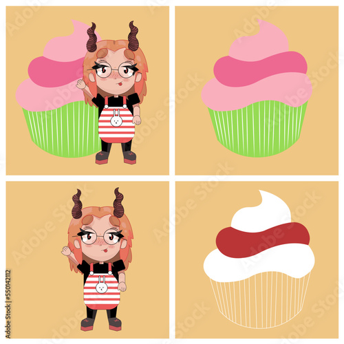 Conjunto de ilustraciones dibujadas a mano de personaje y pastelillo.