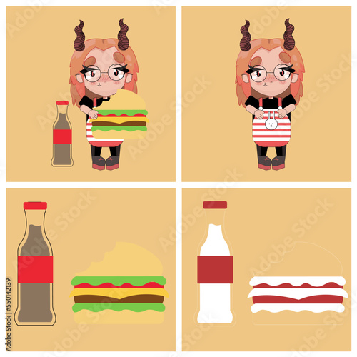 Conjunto de ilustraciones dibujadas a mano de personaje y comida.
