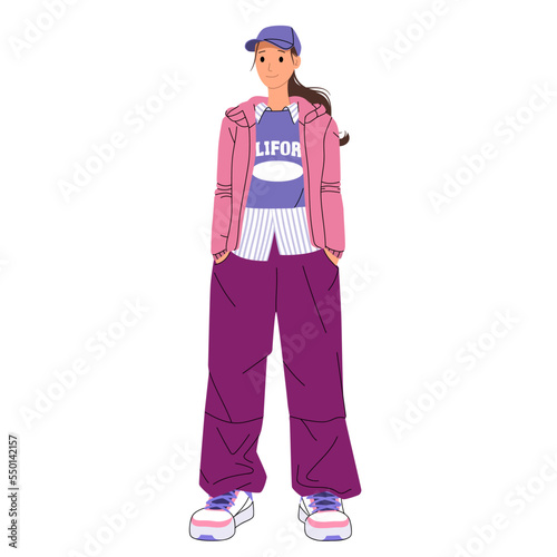 A young stylishly dressed girl stands in full growth with her hands in her pockets. Trendy flat vector cartoon illustration isolated on white background. © Derter
